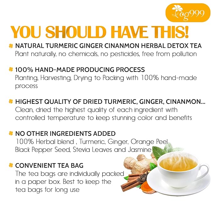 TOG999, 20 Tea Bags of Ginger, Turmeric and Cinnamon, 100% Natural, Hand-made Blend of Ginger, Turmeric, Cinnamon, Orange Peel, Black Pepper, Hawthorn Berry and Jasmine. No Sugar, No Caffeine, No Gluten, Vegan.