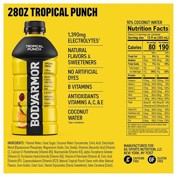 BODYARMOR Sports Drink, Tropical Punch, Electrolyte Drink Hydration, 28 Fl Oz Bottles (15 Pack), Flavored Coconut Water with B Vitamins & Antioxidants