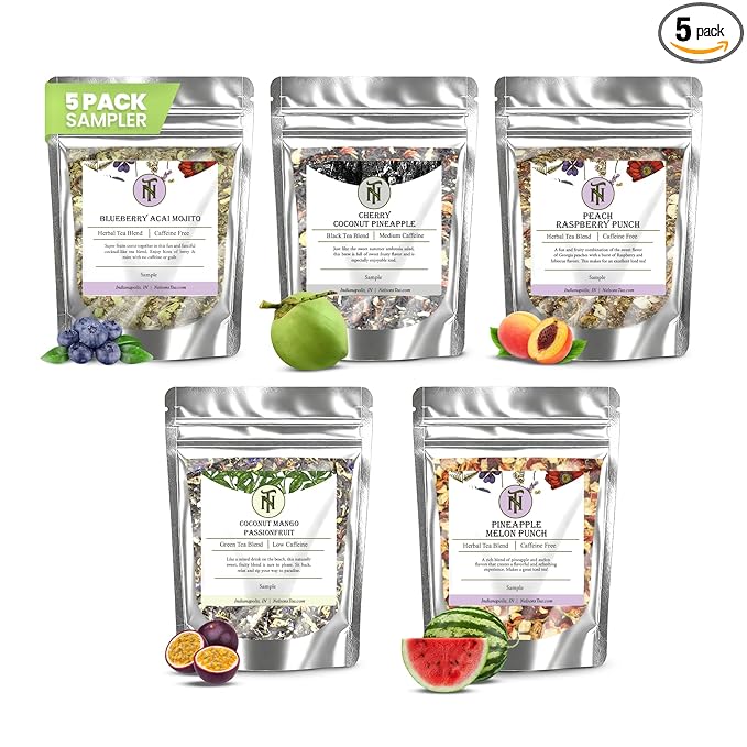 Nelson's Tea Tropical Samplers- 5 Flavors Variety Pack - Blueberry Acai Mojito, Cherry Coconut Pineapple, Coconut Mango Passionfruit, Peach Raspberry Punch, Pineapple Melon Punch - Sample Sizes
