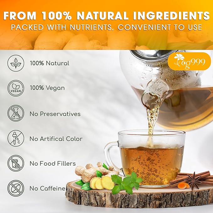 TOG999, 20 Tea Bags of Ginger, Turmeric and Cinnamon, 100% Natural, Hand-made Blend of Ginger, Turmeric, Cinnamon, Orange Peel, Black Pepper, Hawthorn Berry and Jasmine. No Sugar, No Caffeine, No Gluten, Vegan.