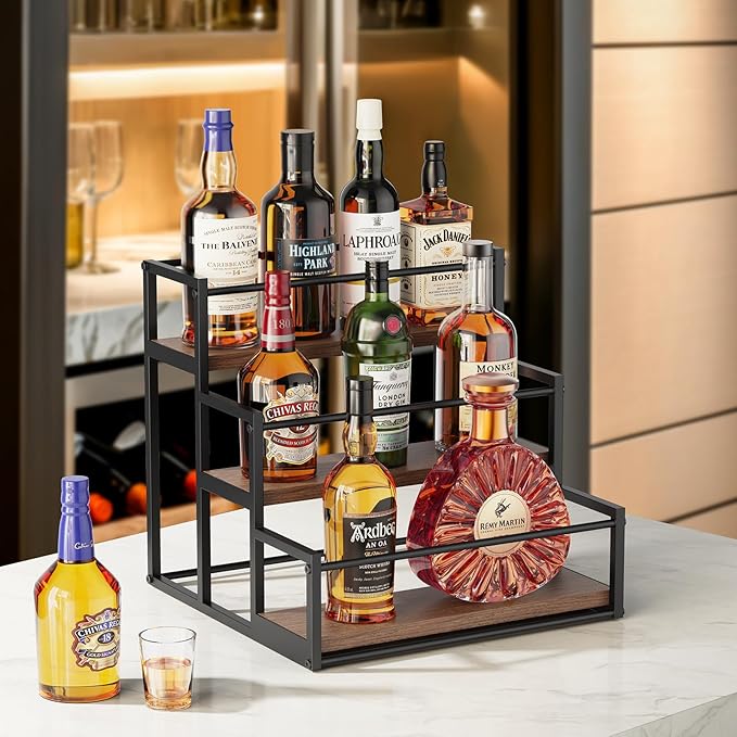 THYGIFTREE Liquor Bottle Display Shelf 3 Tier Rack Holder Bar Shelf Stand for Wine Whiskey Risers Organizer Kitchen Countertop