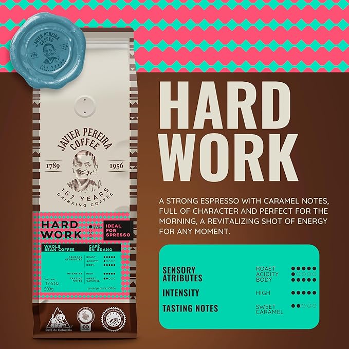 Javier Pereira Coffee - Hard Work Colombian Specialty Coffee – Dark Roast – 100% Arabica – Espresso Specialty – Intense flavor with caramel notes – Whole Bean - 17.6 Oz