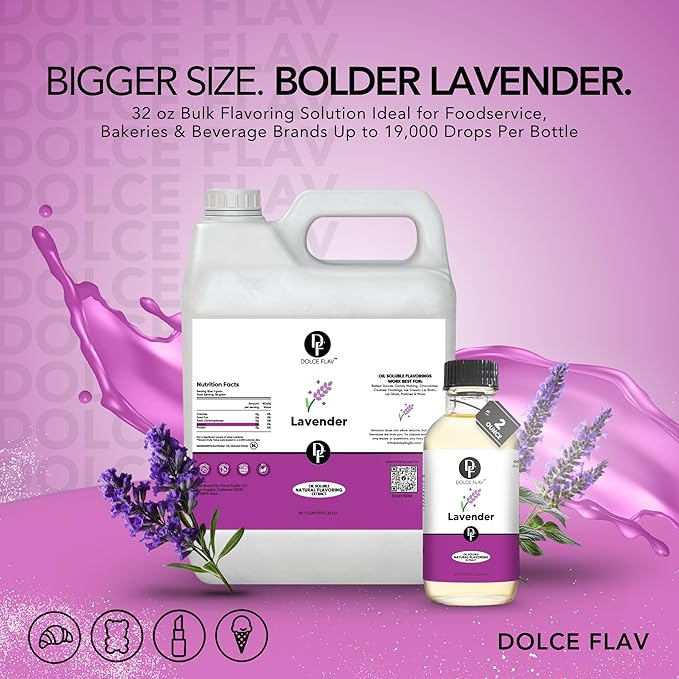 Dolce Flav Lavender Flavoring – 32 Ounce Oil-Soluble Kosher, Sugar-Free, Concentrated Floral Lavender Flavoring for Baking, Chocolates & Desserts