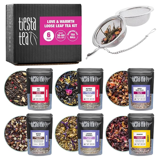 Tiesta Tea - Love & Warmth Loose Leaf Tea Gift Set, Loose Leaf, 6-Flavor Premium Variety Pack with Ball Strainer for Steeping, Brewing, and Enjoying, Valentines Day Assortment to Make Hot or Iced