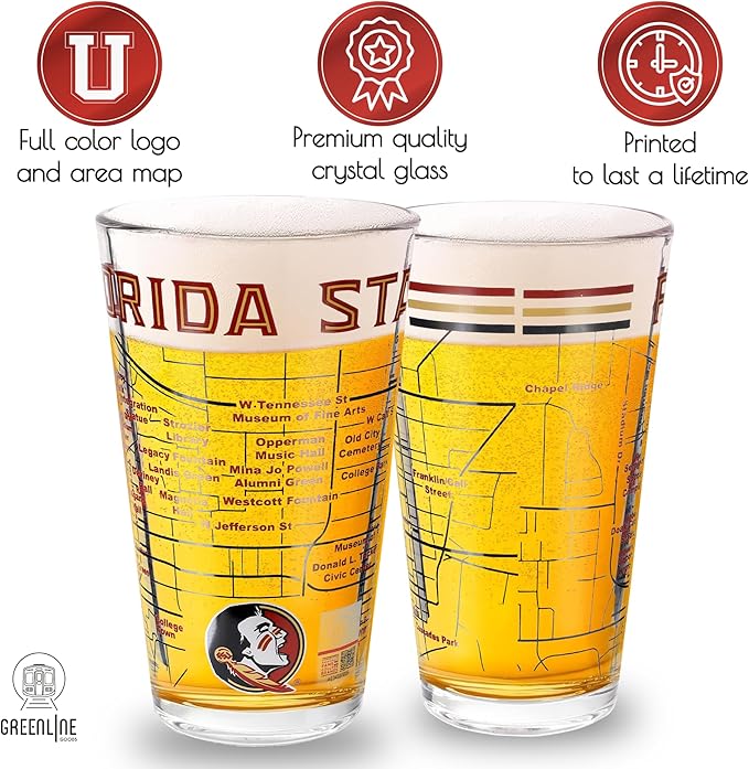 Greenline Goods – Florida State University Seminoles College Pint Beer Glasses (Set of 2), 16 oz – Full-Color Logo + Campus Map