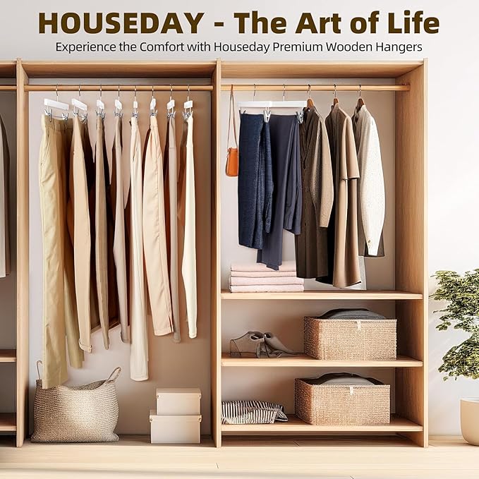 HOUSE DAY Premium Wooden Pants Skirts Hangers, Solid Wood Trousers Bottom Hanger with 2-Adjustable Clips, Clip Hangers for Slacks, Jeans, Shorts (White, Pack of 50)