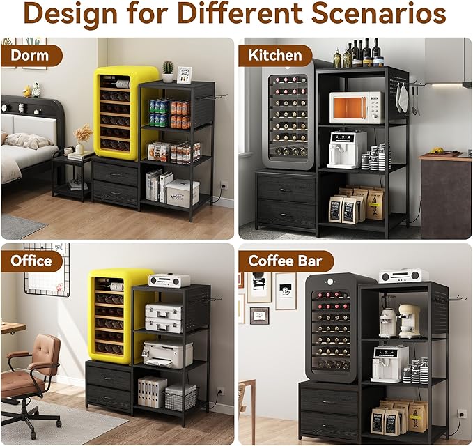 Mini Fridge Stand with Adjustable Shelf, Power Outlet & Storage, Kitchen Organizer for Microwave, Coffee Bar, Dorm, Office (Black)