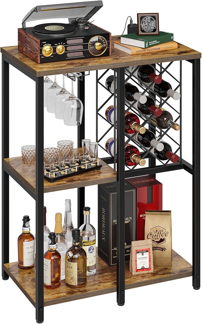 TIQLAB 3-Tier Wine Rack Cabinet, Modern Liquor & Coffee Bar Cart with Shelves, Glass Holder and Power Socket, Bar Table for Kitchen, Dining Room