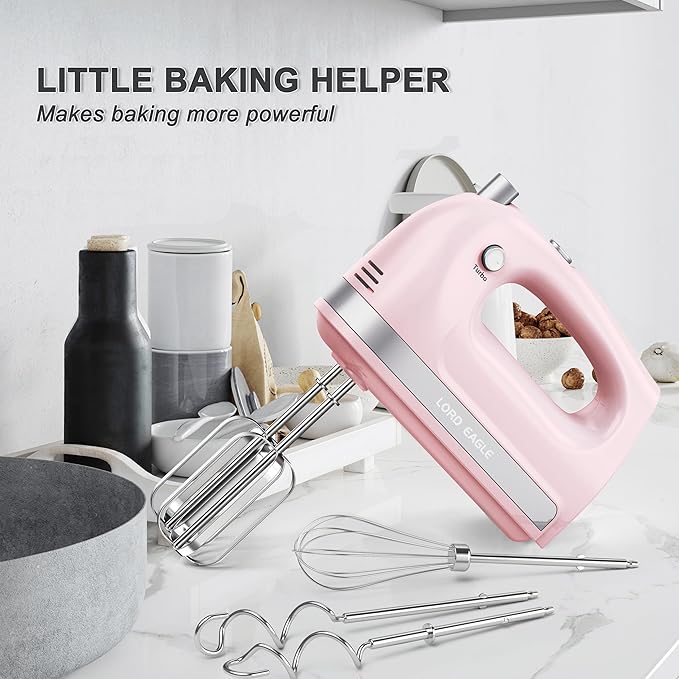 Lord Eagle Hand Mixer Electric 400W, 5 Speed handheld Mixer, 5 Stainless Steel Accessories for Baking Cake Egg Cream Food Beater, Turbo Boost/Self-Control Speed + Eject Button, Pink