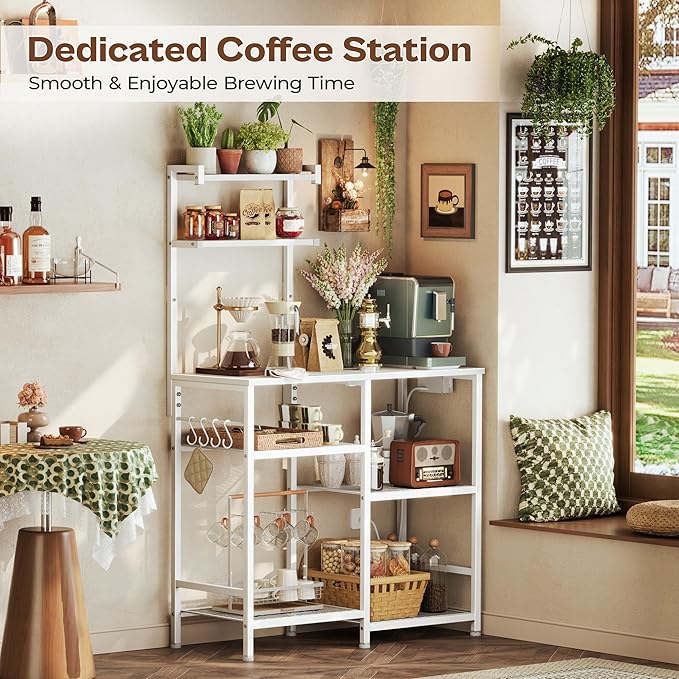 Huuger 31.5 Inch Bakers Rack with Power Outlets, Kitchen Microwave Stand with Storage, Coffee Bar with 4 Hooks, 3-Level Height Open Shelves, White