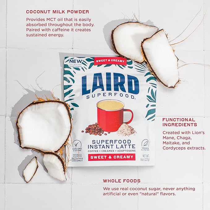 Laird Superfood Instant Latte Sweet & Creamy, Non-Dairy, Superfood Creamer, Gluten Free, Non-GMO, Vegan, 16 oz. Bag, Pack of 1