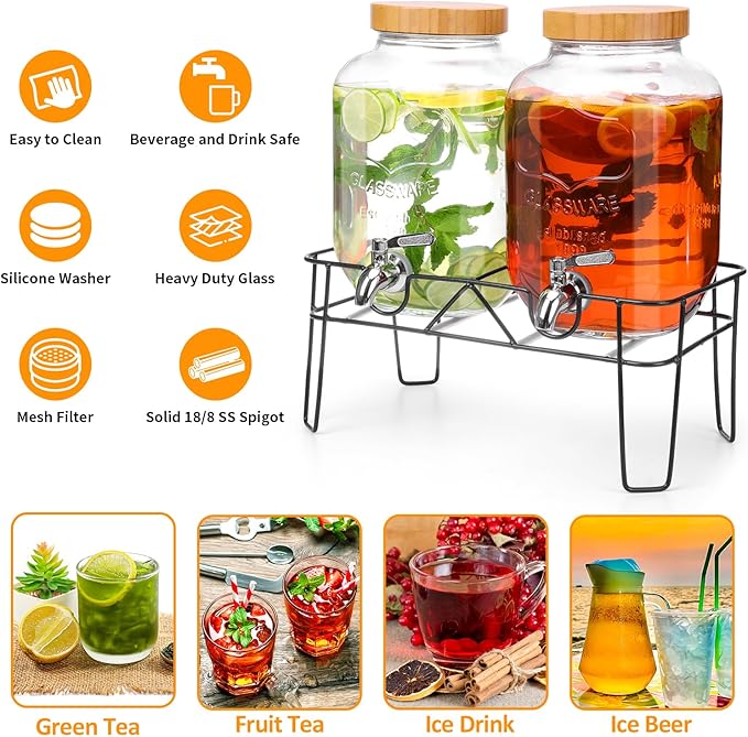 2 Pack 1 Gallon Glass Drink Dispenser with Bamboo Lids, Beverage Dispenser with Stand, Drink Machine for Lemonade, Iced Drinks Kombucha Dispenser for Parties