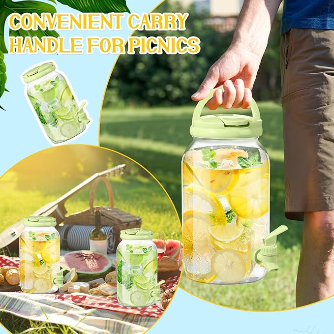 Havawish 2 Pcs 1 Gallon Plastic Beverage Dispenser with Spigot Clear Summer Kitchen Fridge Drink Dispenser for Parties Lemonade Juice Tea Beer Cold Water(Green,Cylinder)
