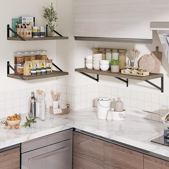 Deep Wall Shelves 40"W x 12"D Engineered Wood Floating Shelves for Wall, Sturdy Metal Bracket Bookshelves Home Decor Storage for Living Room Bedroom Bathroom Kitchen, Set of 2, Grey Finish