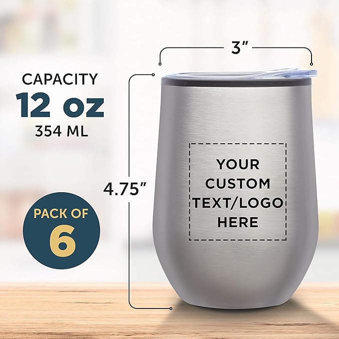 Custom Stemless Wine Tumblers 12 oz. Set of 6, Personalized Bulk Pack - Insulated, Perfect for Wine, Cocktails, Other Hot & Cold Beverages - Silver