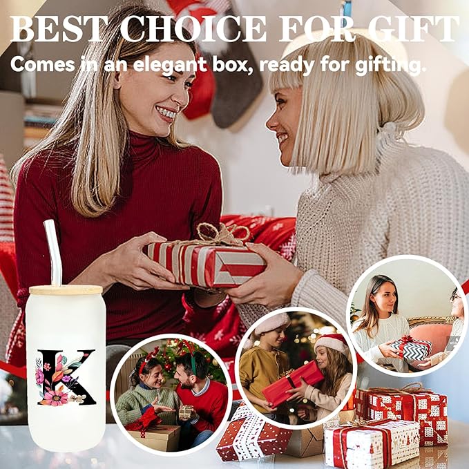 Monogrammed Glass Drinking Cup With Lid Straw Personalized Customized Post Cards Women Happy Birthday Christmas Xmas Day Holiday Gift for Female Boss Teacher Aunt Big Small Sister in Law Weding,R