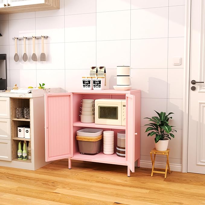 Small 2 Transparent Door Metal Storage Side Buffet Cabinet for Bed Room,Living Room,Entryway,Hallway,Home,Hotel,Office,Garage,Kitchen,1 Removable Shelf. (Striped Door, Pink)