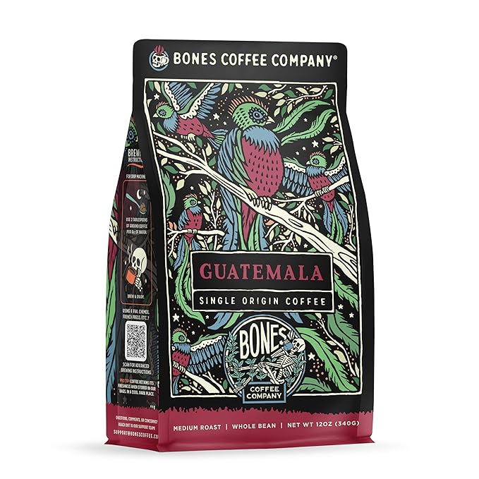 Bones Coffee Company Guatemala Single-Origin, Milk Chocolate, Citrus and Caramel Notes, Whole Coffee Beans, Low Acid Medium Roast Arabica Beans Flavored Coffee, 12 oz Whole Bean