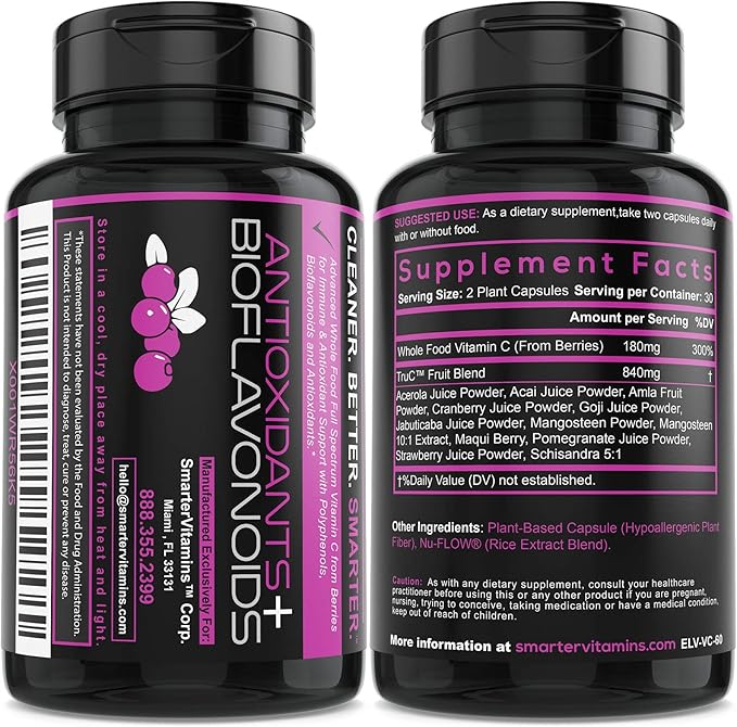 (5 Pack) Raw Whole Food Vitamin C from Berries, Premium Antioxidants, Bioflavonoids & Polyphenols, 300 Vegan Capsules