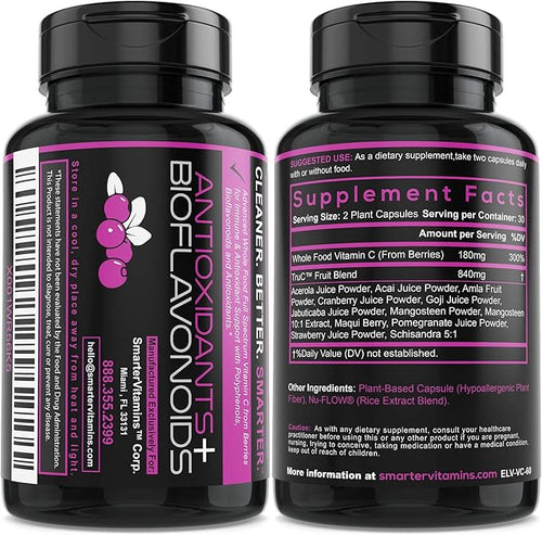 (5 Pack) Raw Whole Food Vitamin C from Berries, Premium Antioxidants, Bioflavonoids & Polyphenols, 300 Vegan Capsules