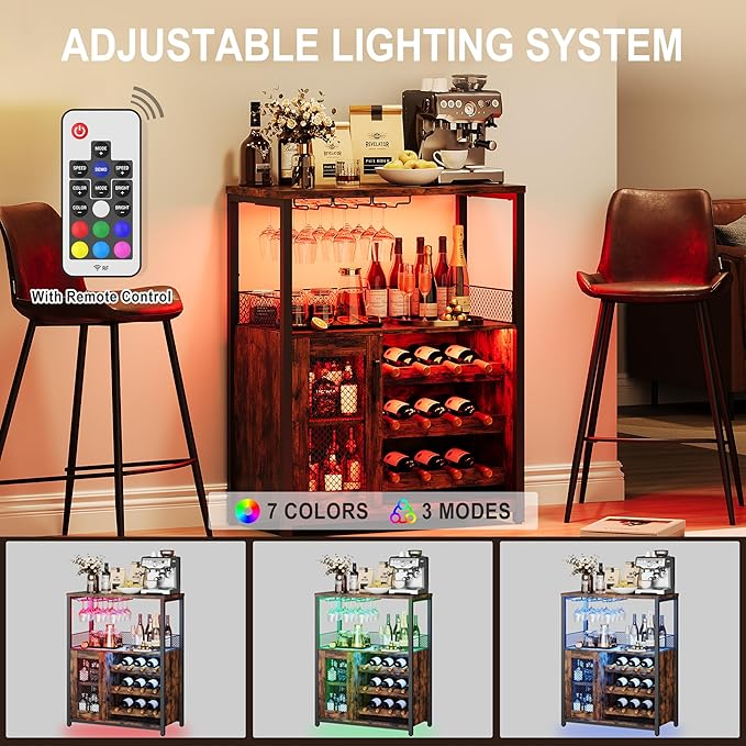 Vintage 3-Tier Wine Bar Cabinet with Adjustable Shelves, Glass Holders, Mesh Door, Small Buffet Sideboard Liquor & Coffee Bar Cabinet for Kitchen, Dining Room, Living Room