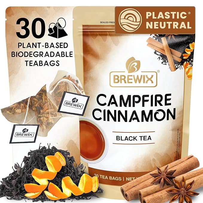 BREWIX, Campfire Cinnamon Black Tea (30 Pyramid Tea Bags) | Black Tea with Orange & Cinnamon | Sweet and Spicy Tea | Energy Tea
