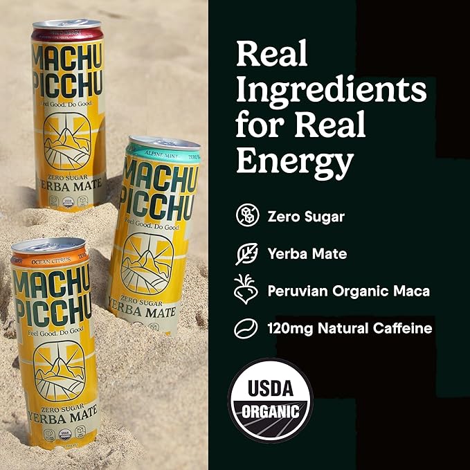 MACHU PICCHU ENERGY, Non-Carbonated Zero Sugar Yerba Mate, Clean Energy Drink Alternative, 12oz (Pack of 12) – 120mg Organic Green Coffee Bean Caffeine, Low Calorie, USDA Organic, No Artificial Flavors (Alpine Mint)