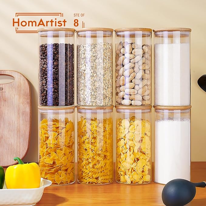 Glass Jars with Bamboo Lids 28 floz [Set of 8], Glass Canisters with Airtight Lids, Glass Food Storage Containers for Pasta, Oats, Coffee, Flour, Sugar, Rice, Best for Kitchen & Pantry