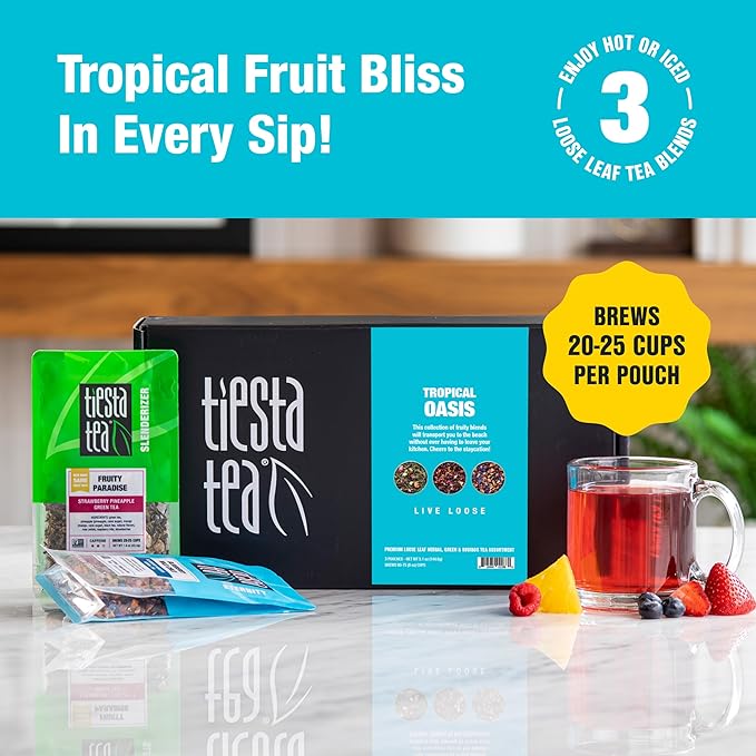 Tiesta Tea - Loose Leaf Fruity Tea Gift Box, Medium Caffeinated Assorted Blends, 3 Pouches for Hot & Iced Tea Variety Pack, Fruity Paradise, Blueberry Wild Child & Fireberry
