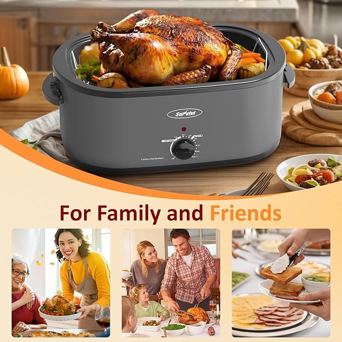 Sunvivi Electric Roaster,26 Quart Roasting Oven with Self-Basting Lid Removable Pan,Turkey Roaster Oven with 150 to 450F Temperature Control Cool-Touch Handles, Grey