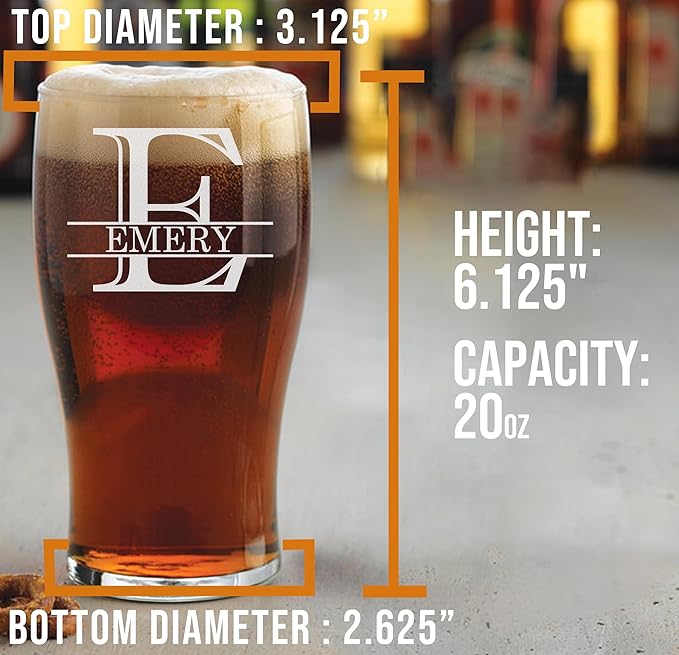 Personalized Fathers Day Etched 20oz Pub Pint Glass – Beer Gifts for men, Custom Dad Engraved Drinking Glasses, Customized Father Retirement, Birthday for Him, Groomsmen, Wedding, Halpert Monogram