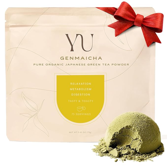 Yu Tea Organic Genmaicha Green Tea Powder, 75 Servings | Japanese Green Tea & Roasted Brown Rice | Low Caffeine & Unsweetened | Relaxation, Antioxidants & Digestion | Resealable Pouch, 2.65 oz