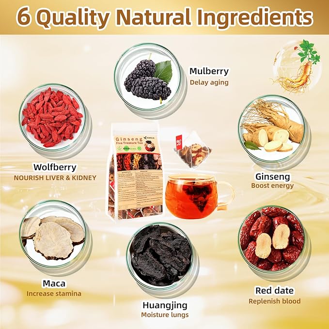 Ginseng Five Treasures Tea - 6 Precious Herbs Kidney Cleanse & Detox Tea, Traditional Chinese Organic Herbal Blend with Ginseng, Goji, Red Date for Men & Women (30 Bags)