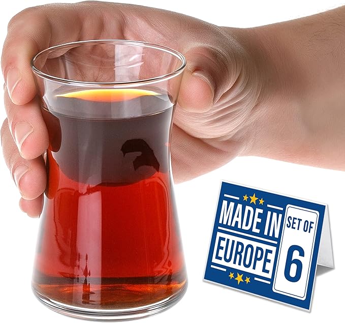 Volarium Turkish Tea Glass Cups: Traditional Tea Set of 6 with Modern Design, Tea Mugs and Coffee Mugs Clear Glasses, 5 ¾ OZ