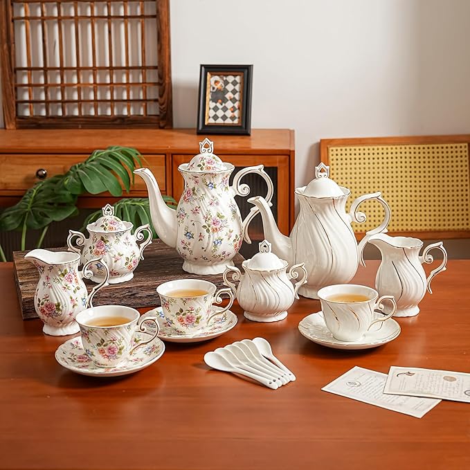 Tea Set 21-Piece Ceramic tea cups and saucers set of 6 with Sugar and Creamer Set,Teapot,teapot set for Adults, Women Tea Party (small crushed flower)