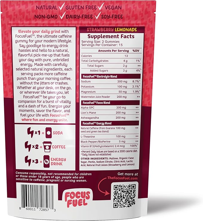 FocusFuel Energy Chews – Strawberry Lemonade Flavor (15 Servings) – 100mg Caffeine + Alpha GPC + L-Theanine + B12, Magnesium – Boost Focus & Energy – No Crash or Jitters