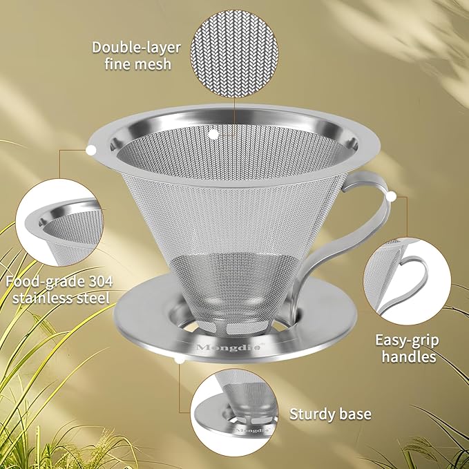 Mongdio Pour Over Coffee Dripper, Stainless Steel Coffee Dripper, Reusable Metal Coffee Filter, Double-Mesh Design, Clever Dripper with Handle, For Home, 1-4 Cups