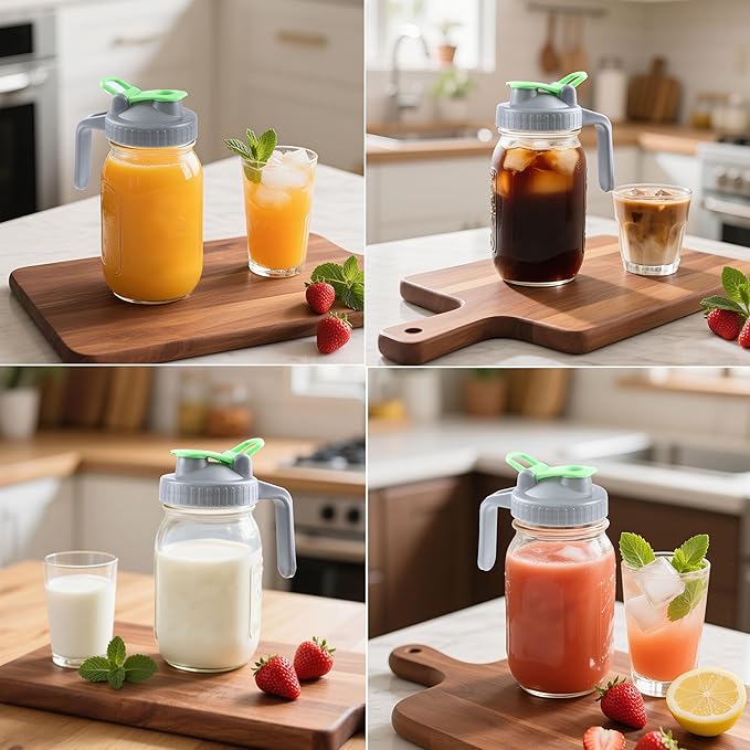 Mason Jar Pitcher With Pour Lid 32 Oz Glass Breast milk Storage Jug 1 Quart Wide Mouth Glass Tea Pitcher With Handle Creamer Container For Fridge Juice, Cold Brew Coffee,Lemonade,Beverage 2 Set