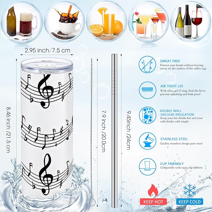 Umigy 2 Pieces Musical Note Gift 20 oz Tumbler with Lid Straw and Brush, Music Travel Mug Stainless Steel Coffee Mug for Lovers Singers Teacher Christmas Gifts