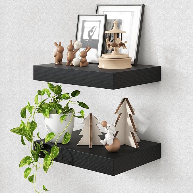 Deep Floating Shelves | 16 Inch Black Floating Shelves Set of 2 | 12 Inch Deep Black Wall Shelves | Deep Shelves for Living Room Bathroom Kitchen Bedroom