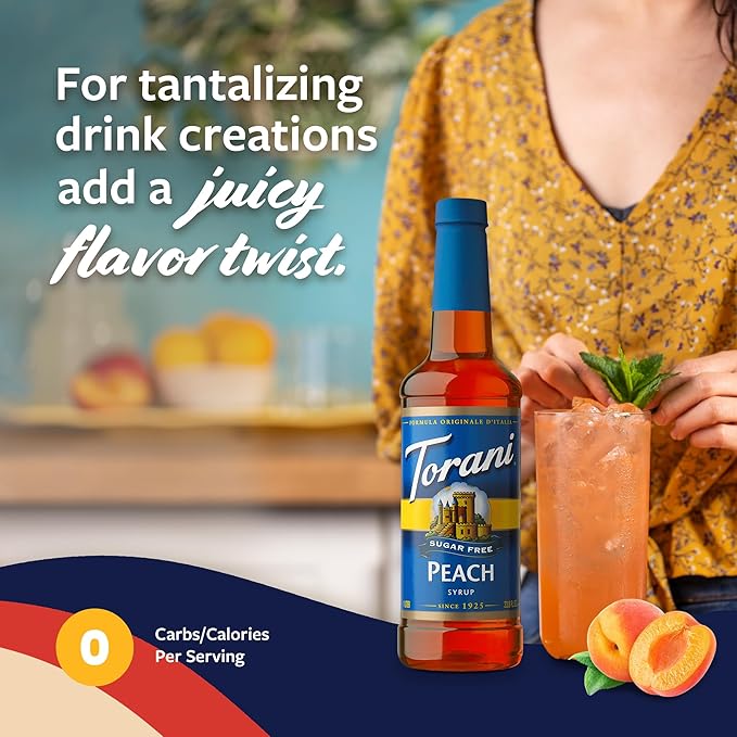 Torani Sugar Free Peach Syrup for Drinks, Zero-Calorie Flavoring for Iced Tea, Lemonade, and Sodas, Pump Included, 25.4 Oz