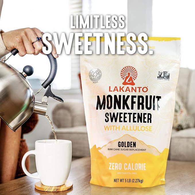 Lakanto Golden Monk Fruit Sweetener with Allulose - Raw Cane Sugar Substitute, Erythritol Free, Sweetener for Coffee, Tea, Baking, Gluten Free, Vegan, Keto Friendly, Sugar Replacement (Golden - 5 lb)
