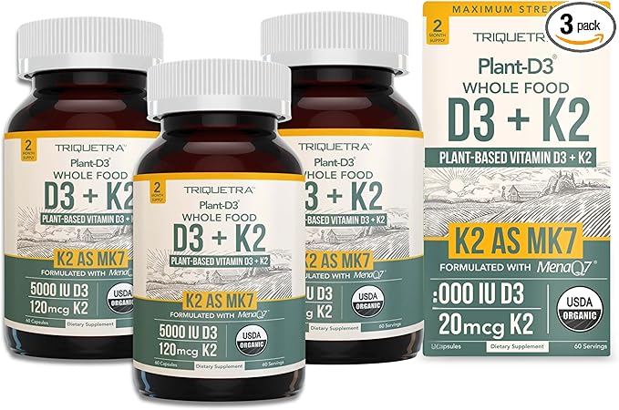 Organic Plant D3 + K2 | 5000 iu D3 + 120 mcg K2 as All-Trans MK7 from MenaQ7® - 100% Whole Food, Raw & Vegan | Enhanced Digestion with Prebiotic & Superfood Complex – D3 from Organic Algae - 3-pack