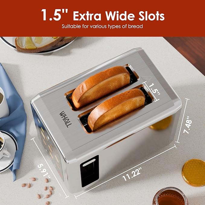 WHALL Full Touch Screen Toaster 2 Slice, 1.5'' Wide Slot Stainless Steel Toaster with Digital Timer, 6 Bread Types & 6 Shade Settings, Crumb Tray, Reheat/Defrost, Smart Toasters for Breads, Bagels