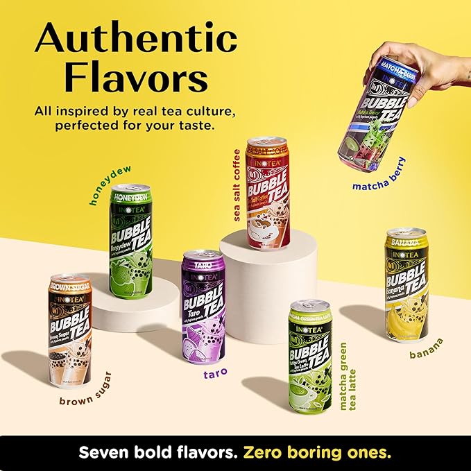 Inotea Bubble Tea with Tapioca Pearls - Delicious, Instant Boba Tea - Ready-to-Drink Black Milk Tea - Comes in Large 16.6 oz Cans - Enjoy Real Boba Without the Long Lines - Banana - 12 pack