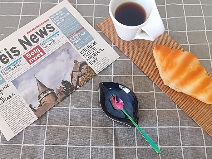 Coffee Spoon and Rest for Coffee Bar Accessories, Leaf Small Spoon Rest for Coffee Station, Tea Spoon Rest Tea Spoon Holder Teaspoon Rest, 1 PC (Retro Sapphire with Rainbow Rose Spoon)