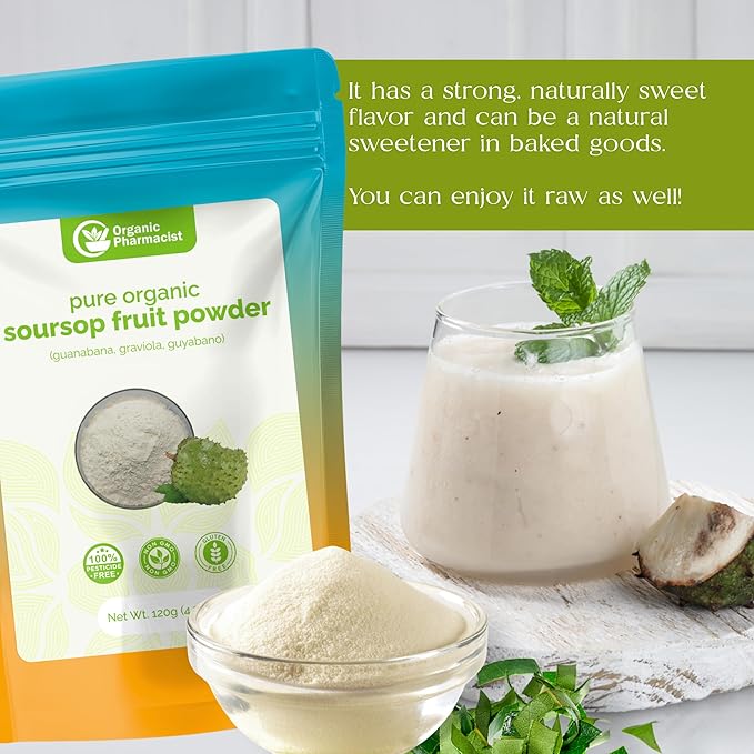 Organic Pharmacist Soursop Fruit Powder, Graviola, Guanabana Powder, Guyabano, Soursop Bitters, Encourages Gut Health & Immune Support, Teas, Juices and Smoothies, 120g