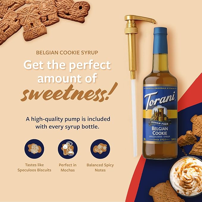 Torani Sugar Free Coffee Syrup, Belgian Cookie Flavoring for Drinks, Zero Calorie, Glass Bottle with Pump Included, 25.4 Fl Oz