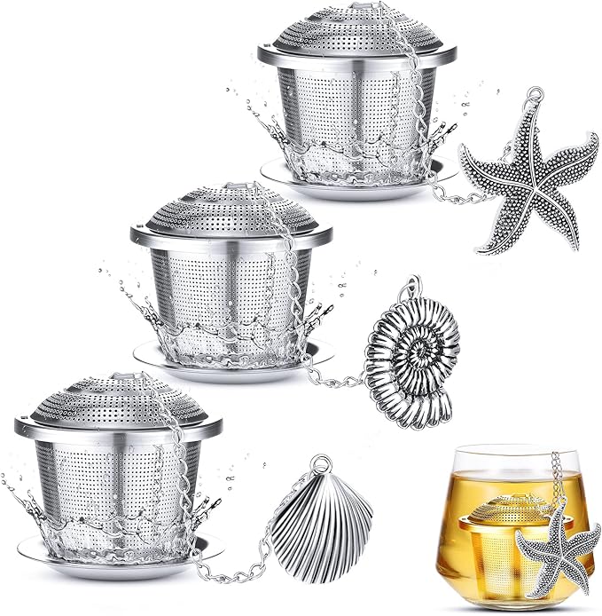 3 Sets Tea Infusers Steeper for Loose Leaf Tea Holder Stainless Steel Tea Ball Mesh Strainer Filters with Drip Trays and Pendant(Ocean Style)