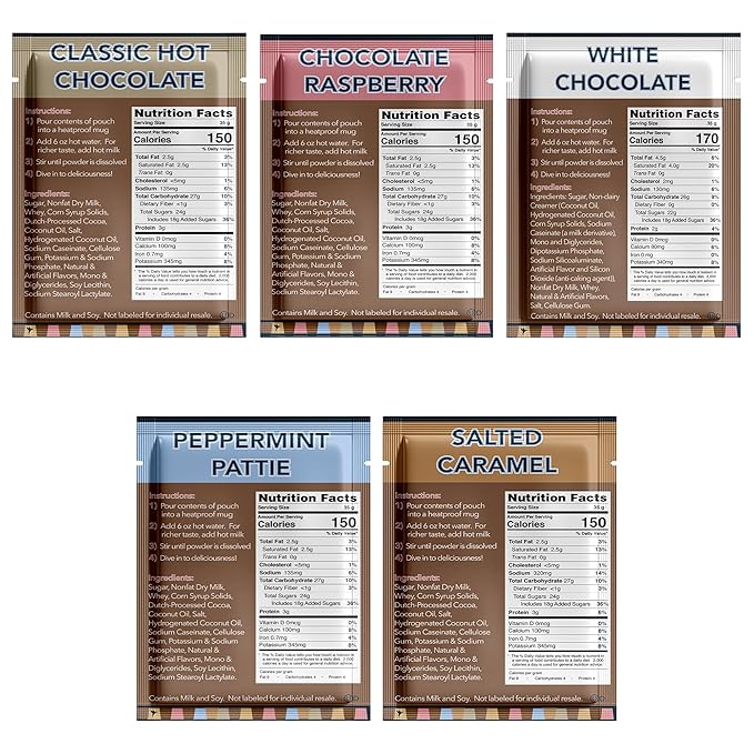 Double Donut Coffee Flavored Hot Chocolate Packets Variety Pack, 9 Count Includes Classic, Chocolate Raspberry, Salted Caramel, Peppermint, Eggnog & Gingerbread